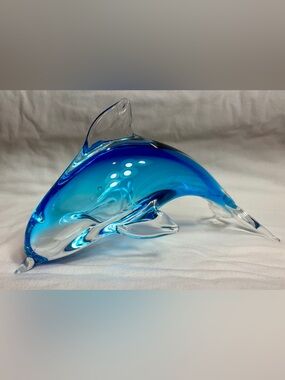 Glass Dolphin Blue Clear Handblown Bubbles Ombré 10” 6” NO FLAWS Florida Ocean